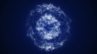 Parlayan beyaz bağlantılardan oluşan dinamik bir küre ve derin mavi arkaplanda noktalar. İletişim ve yenilik için soyut küre.