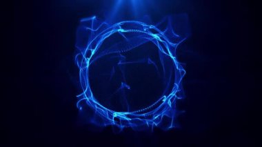 Koyu arkaplanda parlayan mavi parçacıkların ve dalgaların soyut üç boyutlu küresi. Fütürist dijital tasarım, enerji, teknoloji ve yapay zeka.