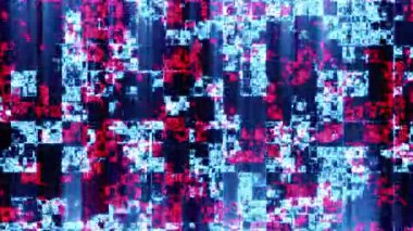 Karanlık bir arkaplanda dijital arıza bloklarının ve piksellerin soyut animasyonu. İyi kalitede gelecekçi teknoloji videosu