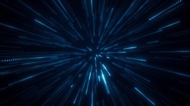 Uzayda hareket eden mavi parlak ışık çizgileriyle canlandırılmış soyut bir arkaplan. 4K arkaplan canlandırması, teknik arkaplan