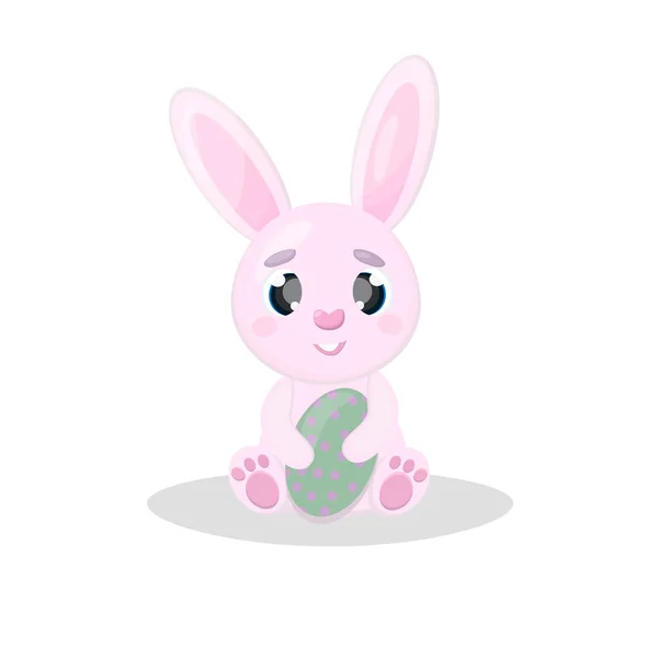 Mignon lapin dessin animé lapin de Pâques rose avec oeuf de Pâques dans les pattes Illustrations vectorielles isolées sur fond blanc — Image vectorielle