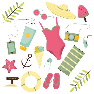 Yaz seti, aksesuarlar. Modern vektör düz resim tasarımı beyaz arkaplanda izole edildi.