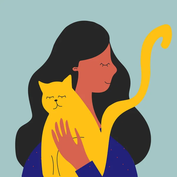 Mujer Feliz Abrazando Gato Cuidado Mascotas Gato Amor Ilustración Vectorial — Archivo Imágenes Vectoriales