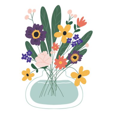 Yaprakları ve sapı beyaza izole edilmiş güzel çiçek kompozisyonu. Çiçekli bitkiler ve bitkiler.