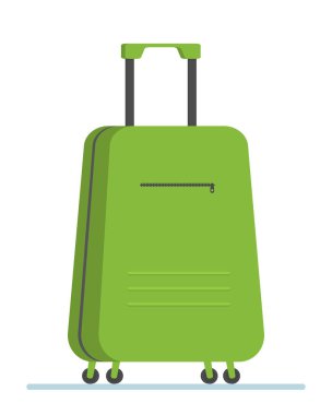 Yeşil seyahat valizi. Düz tasarım stili, uçakla seyahat etmenin modern vektör illüstrasyon simgeleri.