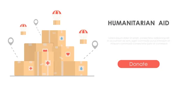 Aiuto umanitario - concetto di carità con scatole di cartone. Bandiera per raccogliere aiuto. Illustrazione vettoriale piatto isolato. — Vettoriale Stock