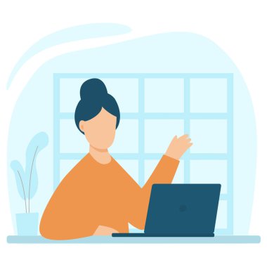 Evden çalışan bir kadın, ofis konsepti. Düz biçimdeki şirin vektör illüstrasyonu.