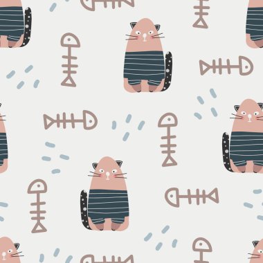 Şirin kedi deseni - el çizimi çocuksu, pürüzsüz desen tasarımı