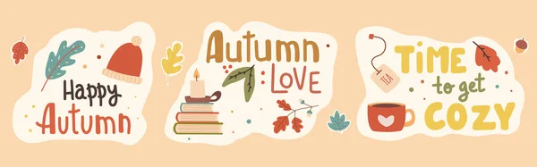 Herbst Saison Handgeschriebene Slogan Aufkleber Packung Herbstliche Phrasen Mit Niedlichen — Stockvektor