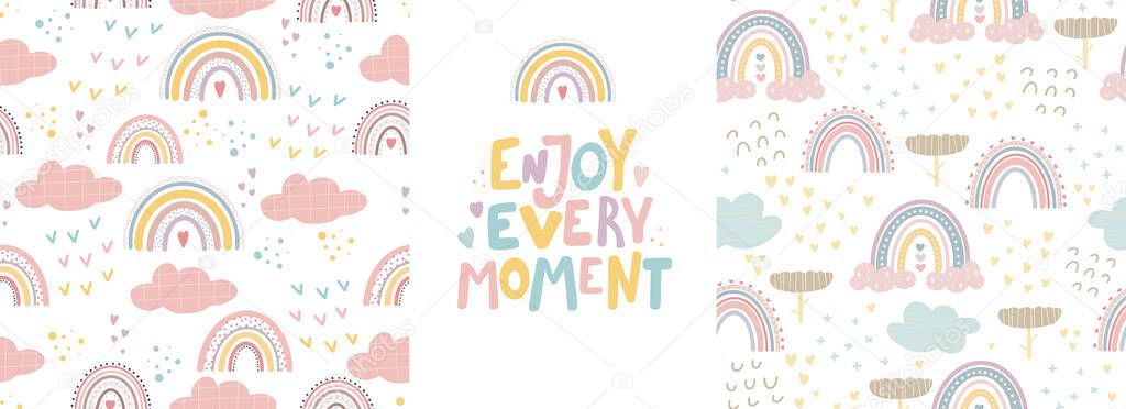 Cute rainbow patterns and lettering - enjoy every moment . Creative childish print for fabric, wrapping, textile, wallpaper, apparel.