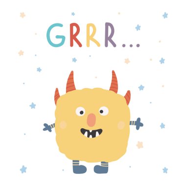 Canavar renginde. Şirin çizgi film kawaii korkunç komik bebek karakteri. Mutlu Cadılar Bayramı. Vektör illüstrasyonu