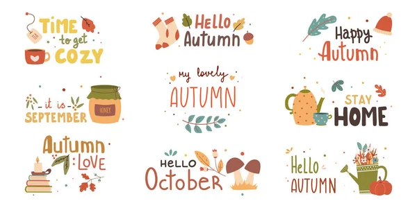 Herbstliche Phrasen Mit Niedlichen Und Gemütlichen Designelementen Dekoratives Bündel Herbst — Stockvektor