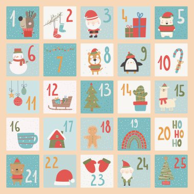 Uyarı takvimi. Noel posteri. Xmas numaraları. Neşeli harf geometrik formlar festival konsepti takvimi numaraları kutlama pankartları için son vektör şablonları.