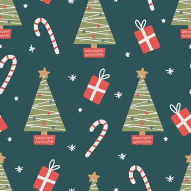 Ağaç, şeker ve hediyelerle kusursuz Noel desenleri. Kırmızı ve yeşil renkli Noel süsü, vektör illüstrasyonu.