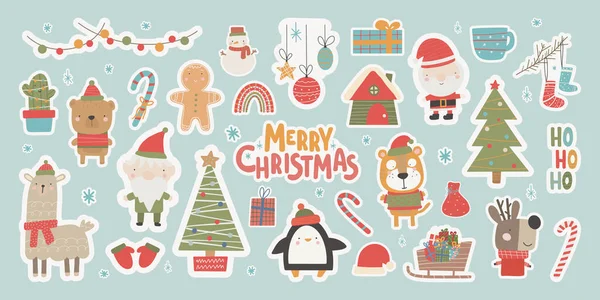Kerst Stickers Collectie Een Leuke Stijl Met Traditionele Elementen Van — Stockvector