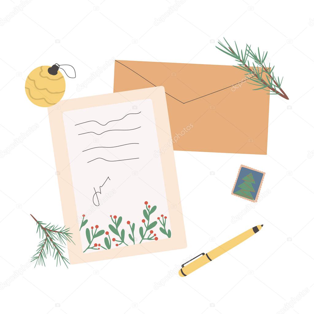 Set of different Christmas envelopes with mail, postage stamps and postcards, parcels, vector flat illustration.Set of various craft paper letters.