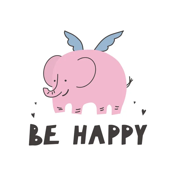 Gajah Lucu Dengan Sayap Tulisan Tangan Kutipan Lucu Vektor Bahagia - Stok Vektor