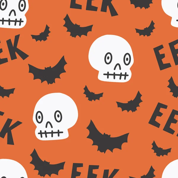 Halloween Padrão Sem Costura Para Design Símbolos Halloween Crânio Morcego — Vetor de Stock