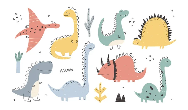 Söta Dinosaurier Samling Tecknad Stil Färgglada Söt Baby Illustration Perfekt — Stock vektor
