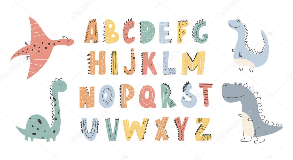 Cute Dinosaurs collection and alphabet in cartoon style. Colorful cute baby illustration is ideal for a children's room Vector illustration Design element