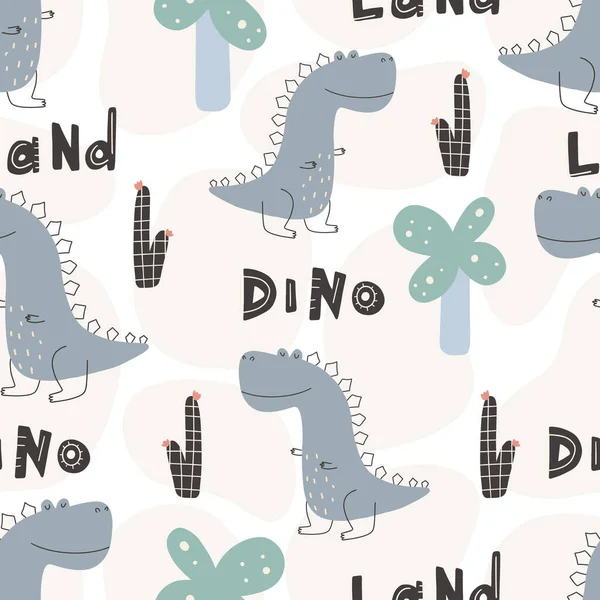 Schattig Dinosaurus Patroon Met Hand Getekend Kinderachtig Dinosaurus Naadloos Patroon — Stockvector