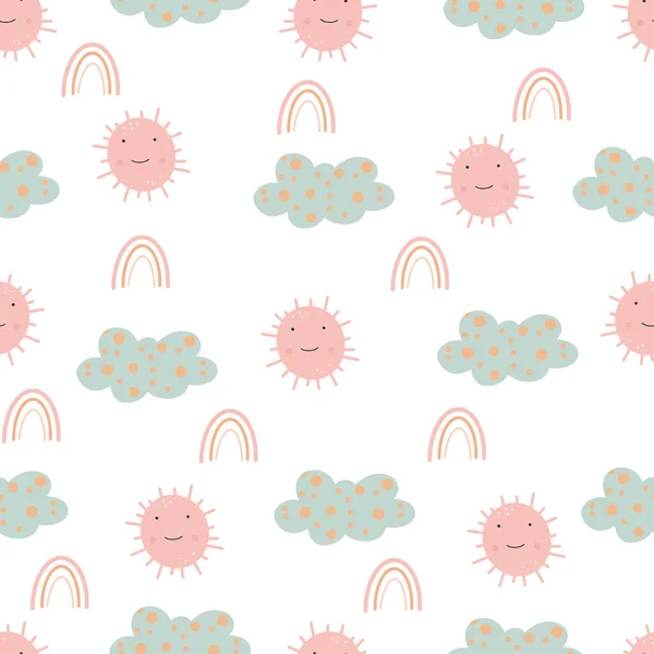 Cute Seamless Pattern Sun Clouds Hand Drawn Childish Seamless Pattern — Stock Vector