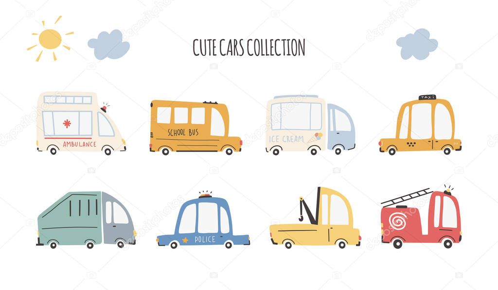 Colección de coches lindos. Dibujos animados transporte divertido ...