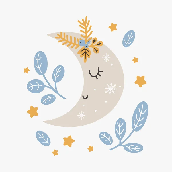 Jolie Lune Noël Tirage Vectoriel Dans Style Scandinave Illustration Vectorielle — Image vectorielle