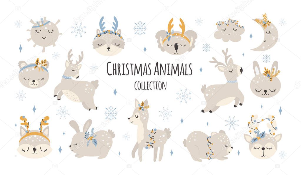 Collection of Christmas cute animals, merry Christmas illustrations of bear, bunny with winter accessories. Scandinavian style on a white background.