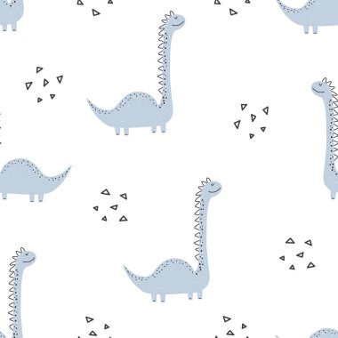 Şirin dinozor deseni. El çizimi, çocuksu, kusursuz, şekilsiz dinozor deseni. Vektör illüstrasyonu