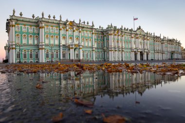 St. Petersburg sonbaharda. Palace Meydanı'nda bir su birikintisi içinde kuru yapraklar