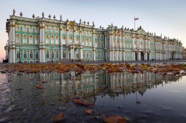 Autumn in St. Petersburg. Dry leaves in a puddle on the Palace Square clipart