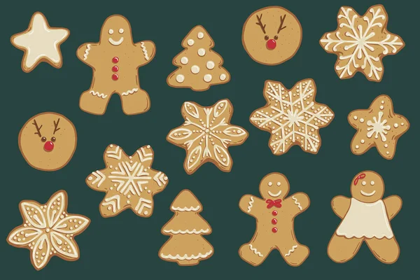 Set Galletas Jengibre Navidad Con Árbol Estrella Hombre Jengibre Copos — Archivo Imágenes Vectoriales