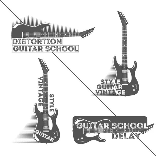 一整套老式吉他标志、 徽章、 标志或标识元素的音乐商店，吉他店，吉他学校. — 图库矢量图片