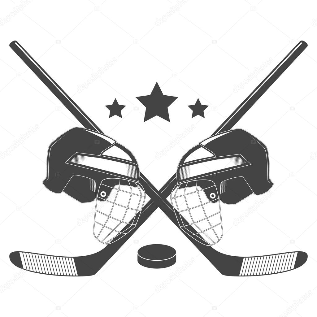 Hockey competition chempionship vector logo with hockey helmet, stick, puck, stars for your projects, invitations, card, T-sirt prints, tickets