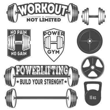 Tek renkli fitness Amblemler, etiketleri, rozetleri, logolar ve tasarlanmış öğeleri kümesi.