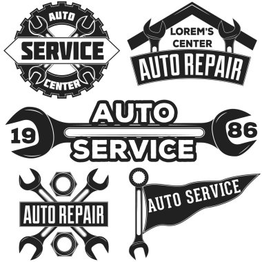 Vintage mekanik Oto Servisi onarım etiket, amblem ve logo. Vektör çizim. Araba Servisi, düzeltme. Tek renkli otomatik onarım araba servisi logo Davetiyeler, projeler, kartlar, yazdırır.