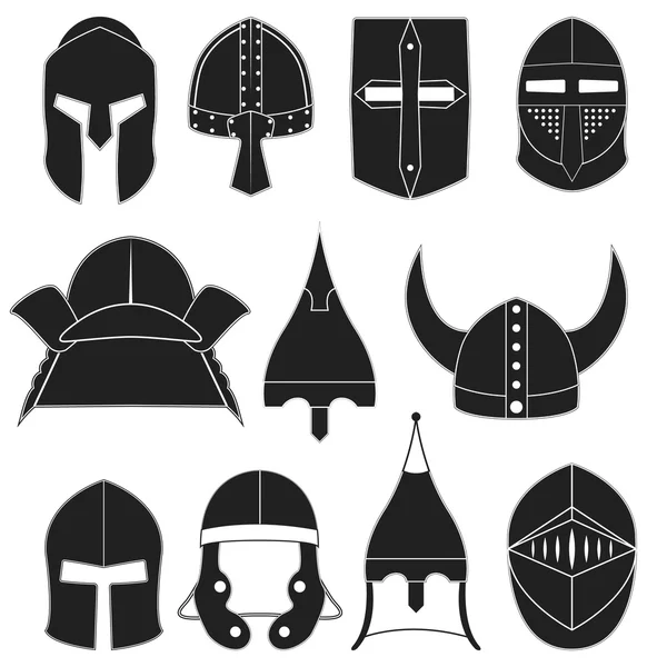 Ícones vetoriais, logotipo, rótulos de capacetes pretos monocromáticos de guerreiros antigos em um fundo branco para projetos, cartões, convites. Capacetes elementos de design. Esparta, gladiadores, cavaleiros, capacetes samurais — Vetor de Stock