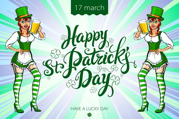 Dziewczynka w zielonym kapeluszu i zieloną sukienkę trzyma tacę z kubkiem piwa typu ale. Gratulacje dla St. Patrick dzień — Wektor stockowy