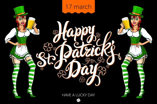 Menina irlandesa engraçada segurando uma cerveja. Feliz dia de St. Patricks — Vetor de Stock