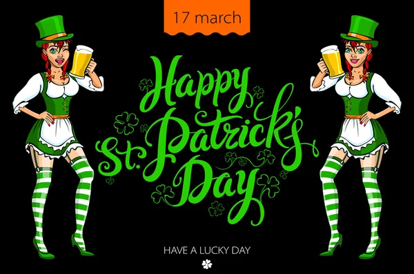 Αστεία ιρλανδική κοπέλα που κρατά μια μπύρα. Happy Αγίου Patricks ημέρα — Διανυσματικό Αρχείο