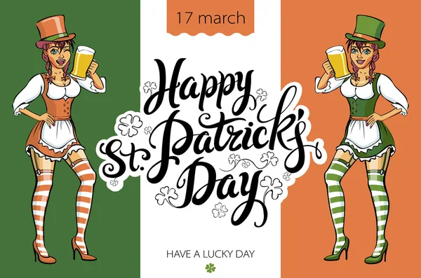 Κορίτσι με μπύρα Σκιαγραφία ενάντια ιρλανδική χρώματα. Του St. Patrick ημέρα κόμμα — Διανυσματικό Αρχείο