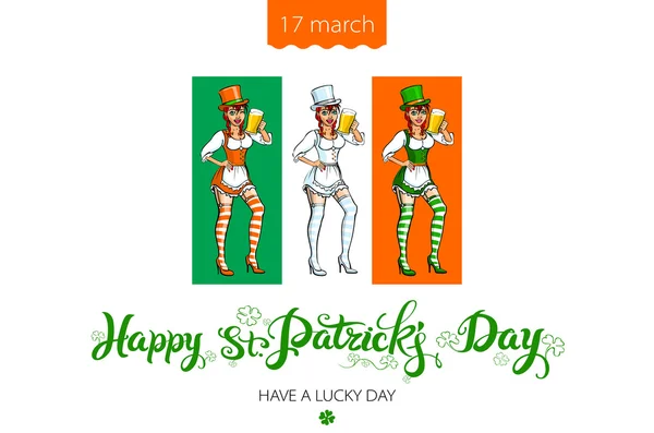 Patrick je den svatého vektorové prvky sada - dívka s rudými vlasy a bezešvé pattern. Patricks den ručně kreslené ikony na bílém pozadí. Nápis Happy St. Patrick's Day - 17. března slaví — Stockový vektor