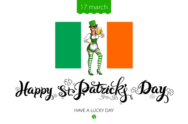 Ημέρα του Αγίου Patrick διανυσματικά στοιχεία σχεδίασης που - κορίτσι με κόκκινα μαλλιά και χωρίς ραφή πρότυπο. Patricks ημέρα χέρι-που εικονίδια σε άσπρο φόντο. Ημέρα ευτυχισμένη St. Patrick's επιγραφή - γιορτάζεται στις 17 Μαρτίου — Διανυσματικό Αρχείο