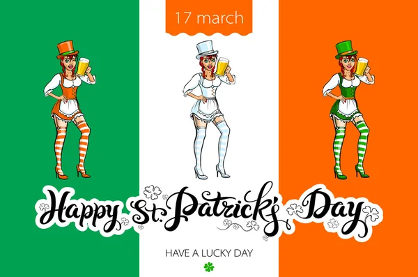 Κορίτσι με μπύρα Σκιαγραφία ενάντια ιρλανδική χρώματα. Του St. Patrick ημέρα κόμμα — Διανυσματικό Αρχείο