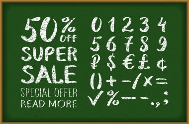 sale 50 percent drawing on blackboard. Numbers 0-9 written with a brush on a black background lettering. Super Sale. Big sale. Sale tag. Sale poster. Sale vector. Super Sale and special offer. 50% off