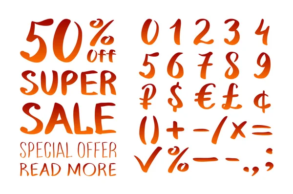 Numbers 0-9 written with a brush on a white background lettering. Super Sale. Big sale. Sale tag. Sale poster. Sale vector. Super Sale and special offer. 50% off. Vector illustration.