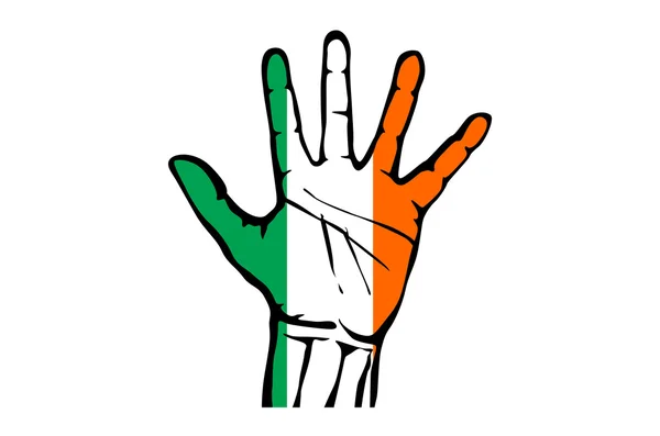 Hand with five fingers stretched upward, colors of the Irish flag — Stock Vector