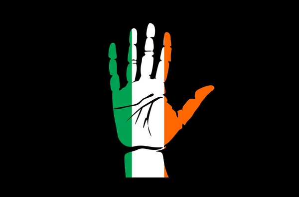 Hand met vijf vingers omhoog gespannen, kleuren van de Ierse vlag — Stockvector