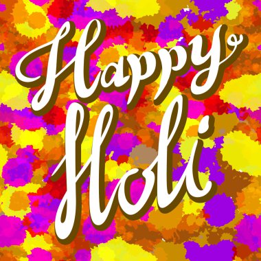 Mutlu Holi Bahar Şenliği tebrik vektör arka plan gerçekçi hacimsel renkli Holi toz boya bulutlar ve örnek metin ile renk. Mavi, sarı, pembe ve mor toz boya